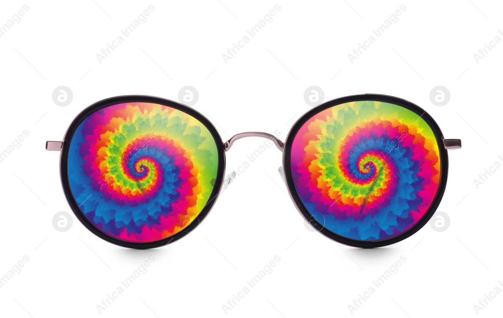 Image of Hippie accessory. Stylish sunglasses with bright spiral pattern on lenses on white background