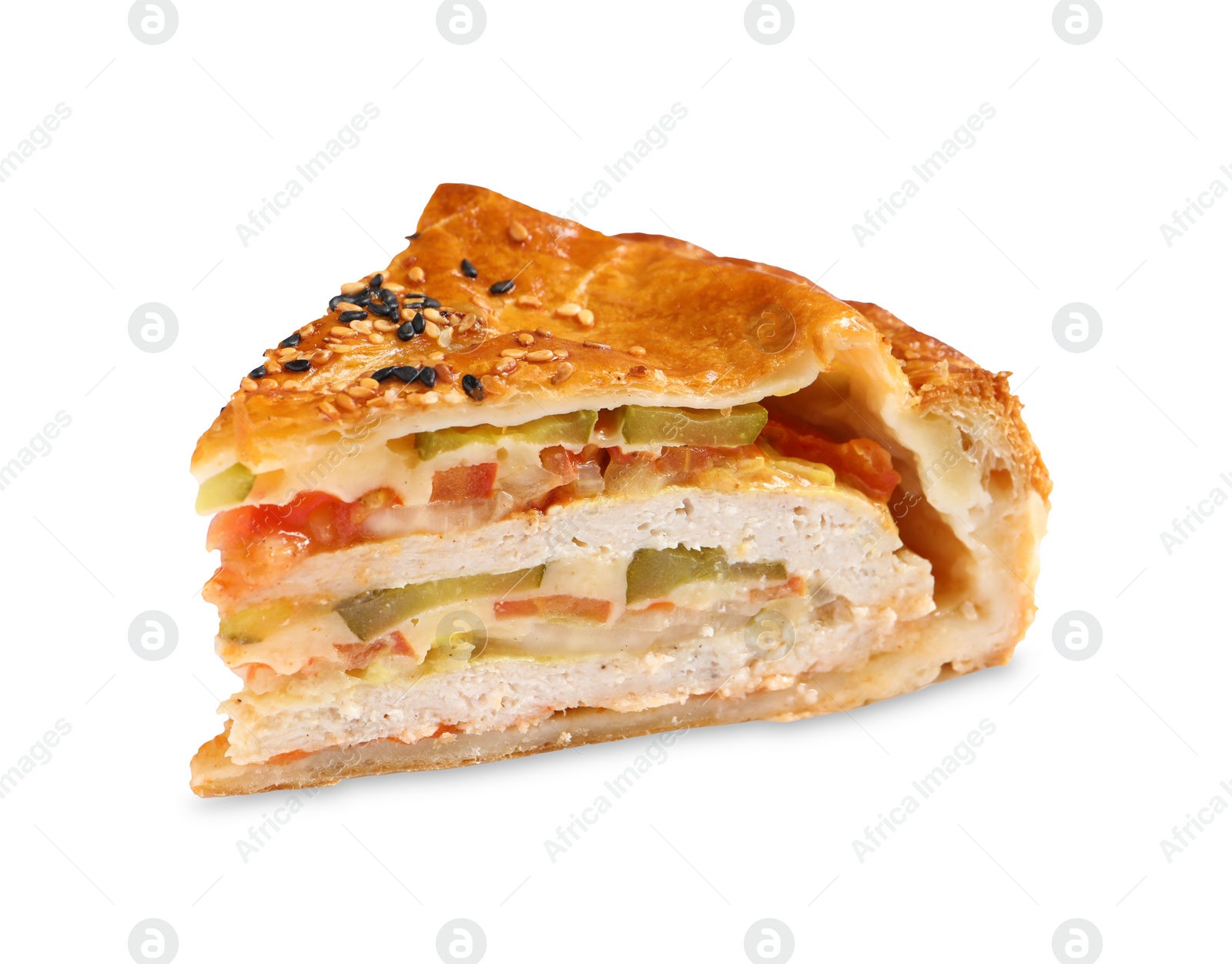 Photo of Piece of tasty homemade pie with filling isolated on white