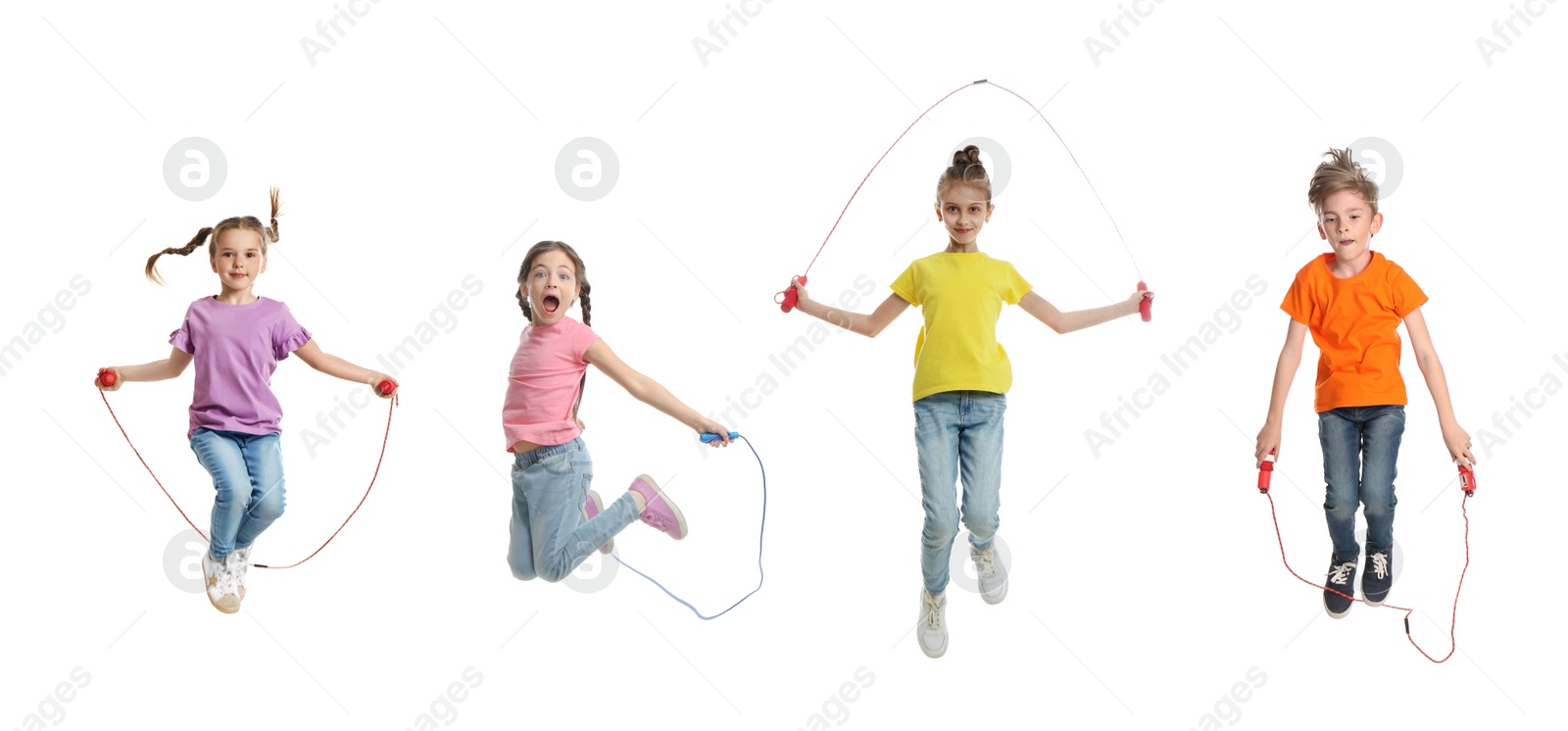 Image of Cute happy children with jumping ropes on white background, collage. Banner design