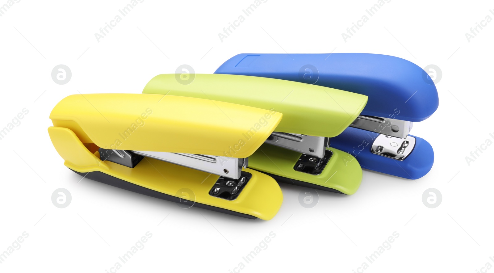 Photo of Many new bright staplers isolated on white