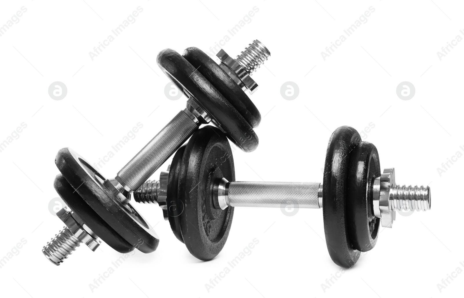 Photo of Professional dumbbells on white background. Sporting equipment