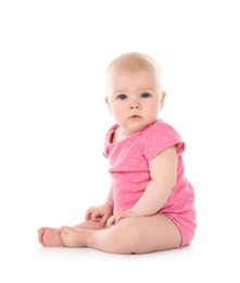 Cute little baby on white background. Crawling time