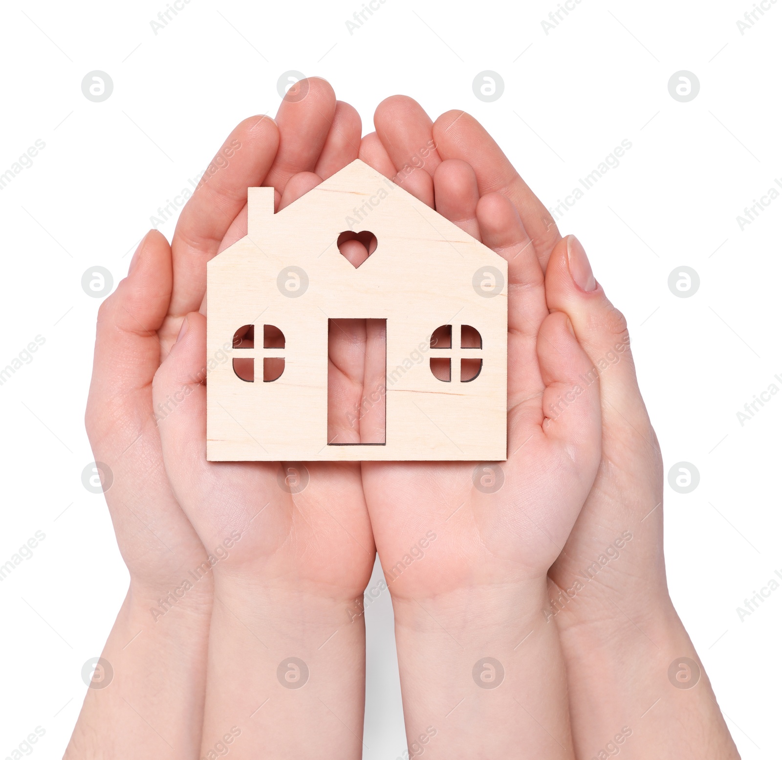 Photo of Home security concept. Woman with her little child holding house model on white background, top view