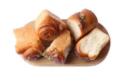 Photo of Tasty fresh pampushky. Traditional Ukrainian buns with garlic isolated on white, top view