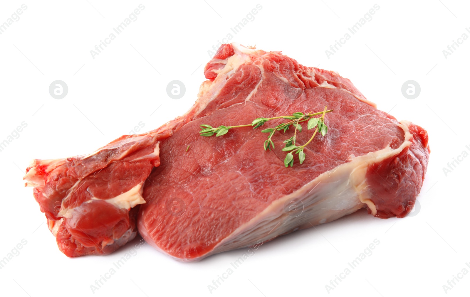 Photo of Fresh raw beef cut with thyme isolated on white