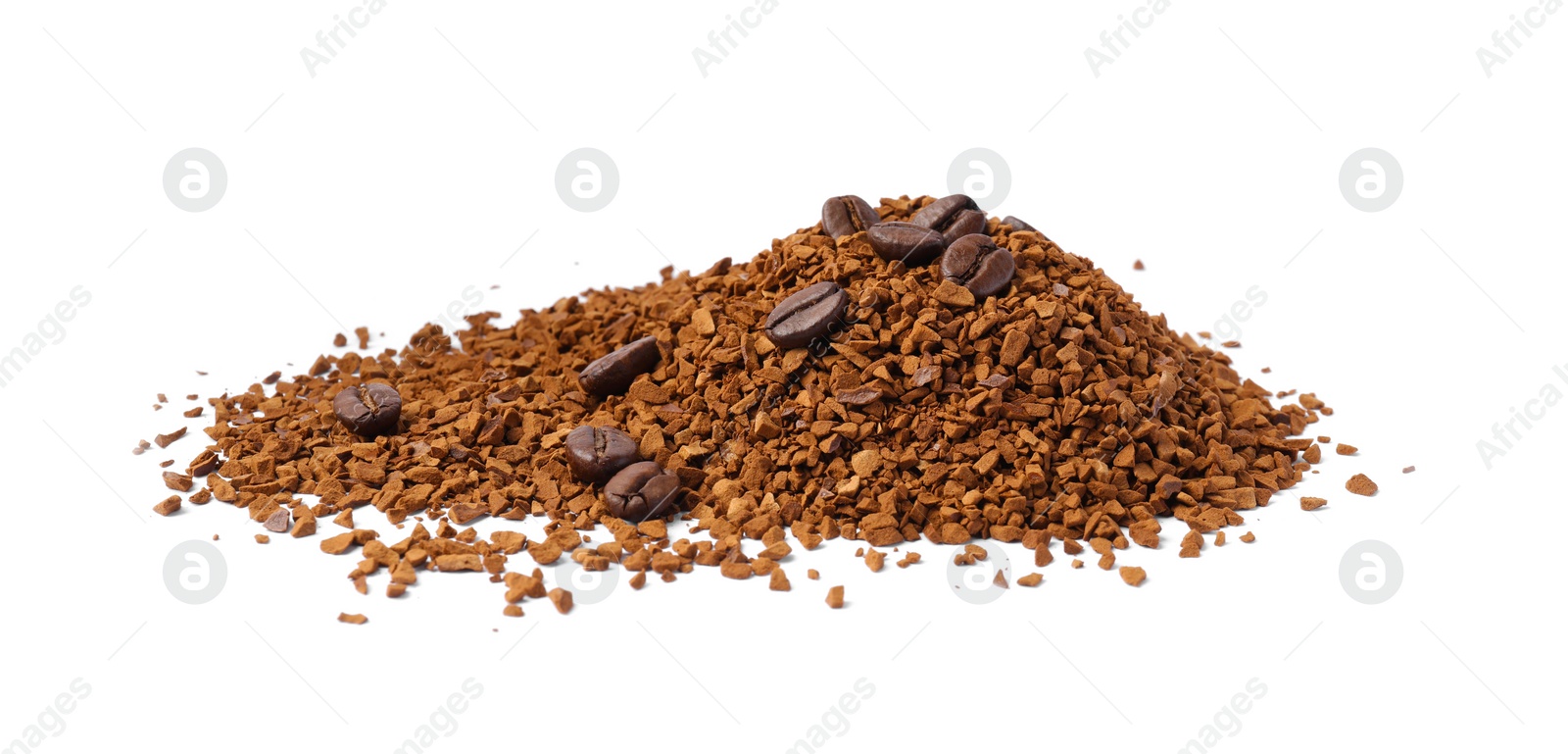 Photo of Heap of instant coffee and beans on white background