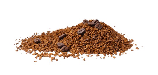 Heap of instant coffee and beans on white background