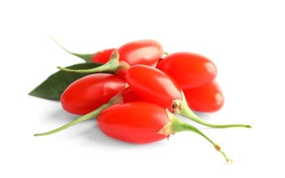 Fresh goji berries on white background. Healthy superfood