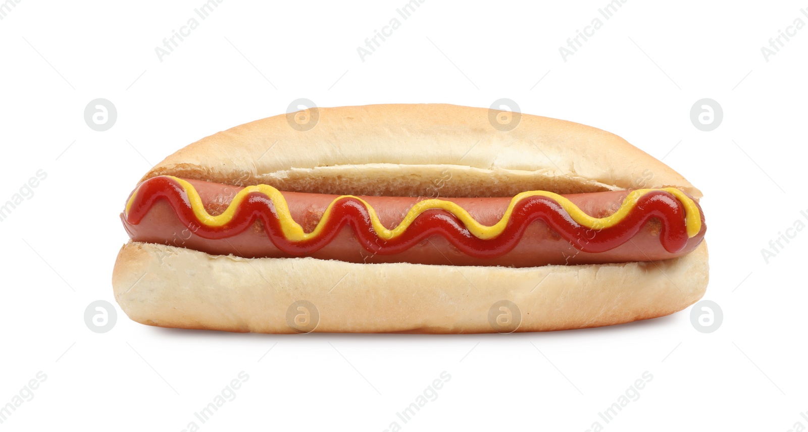 Photo of Delicious hot dog with mustard and ketchup on white background