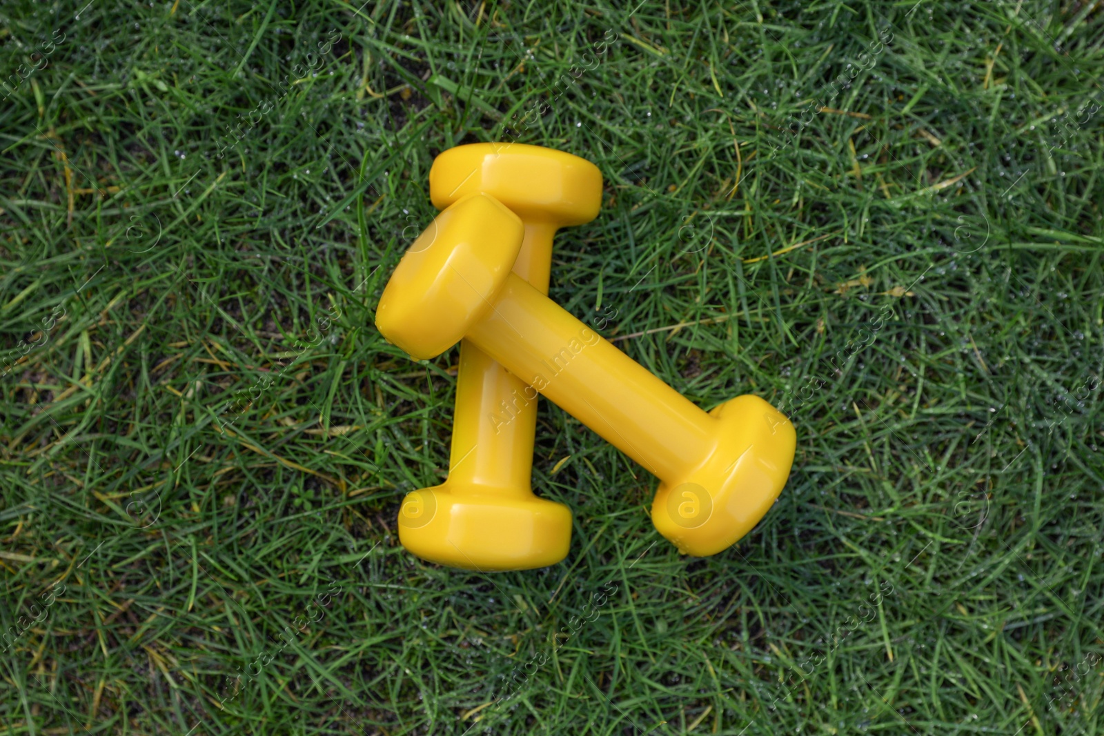 Photo of Yellow dumbbells on green grass, top view. Morning exercise