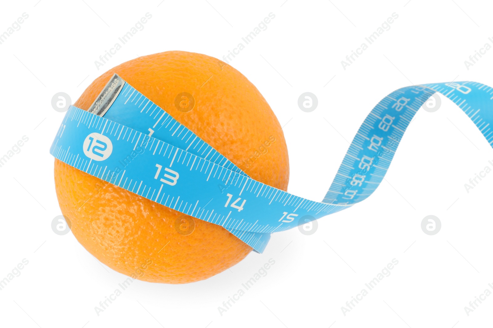 Photo of Cellulite problem. Orange with measuring tape isolated on white