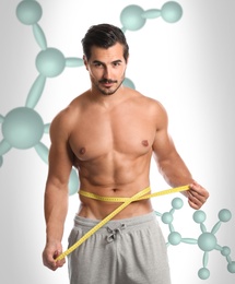 Image of Metabolism concept. Man with slim body on light background  