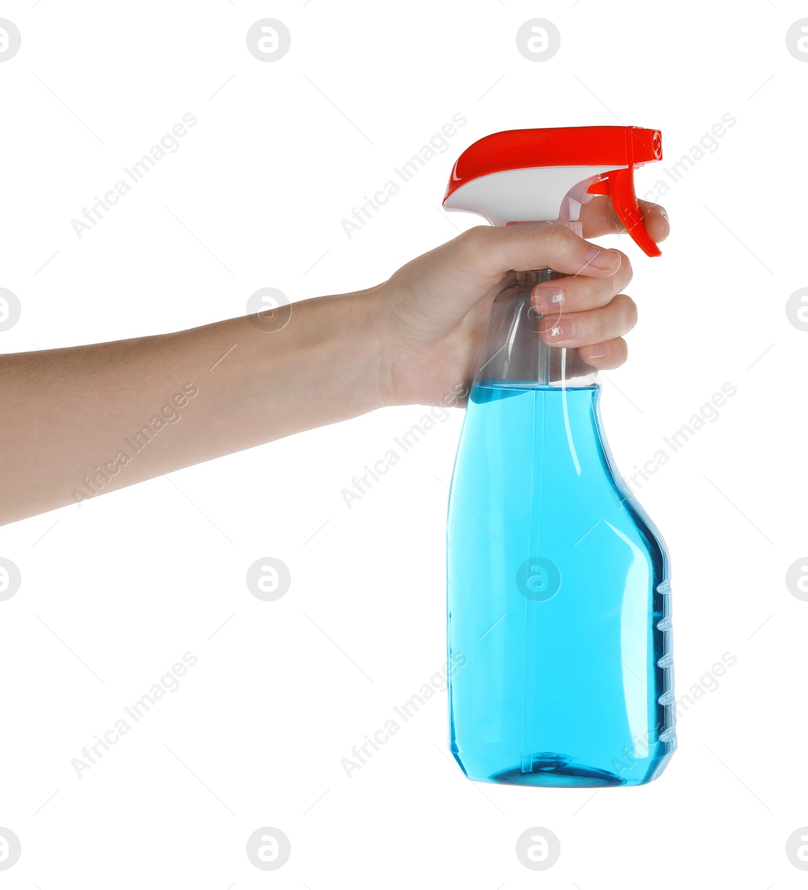 Photo of Woman holding plastic spray bottle with liquid isolated on white, closeup