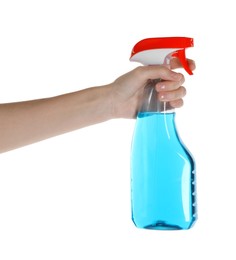 Photo of Woman holding plastic spray bottle with liquid isolated on white, closeup