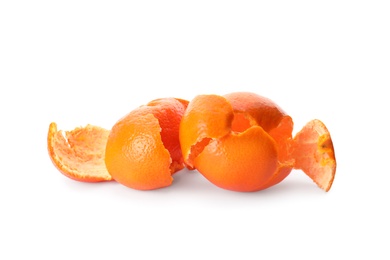 Photo of Tangerine peel on white background. Composting of organic waste