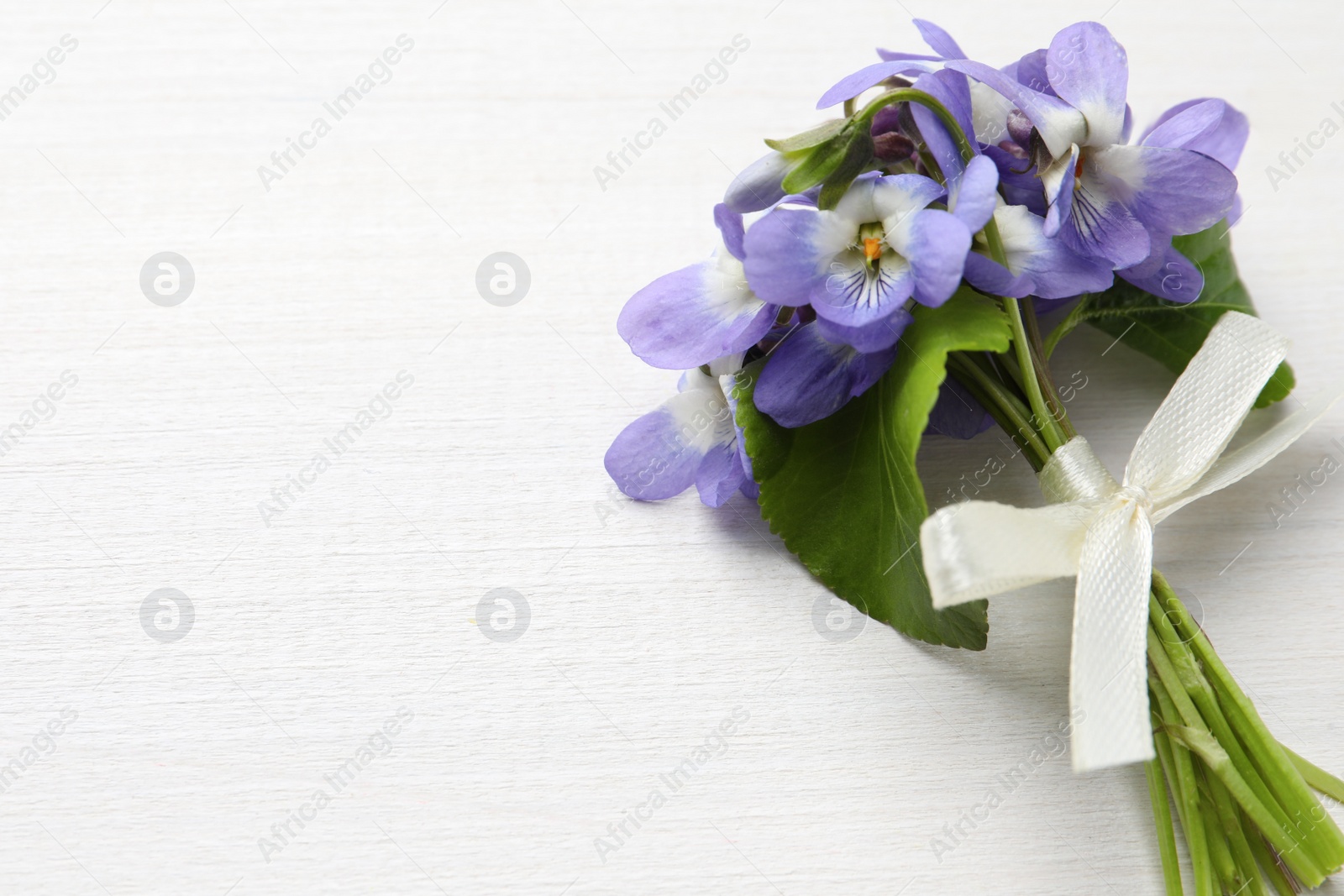 Photo of Beautiful wild violets and space for text on white wooden table, top view. Spring flowers