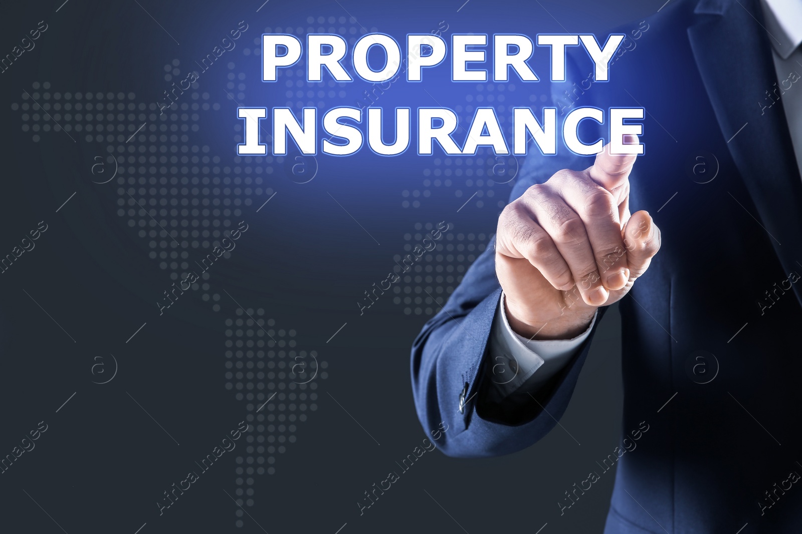 Image of Property insurance concept. Man using virtual screen, closeup