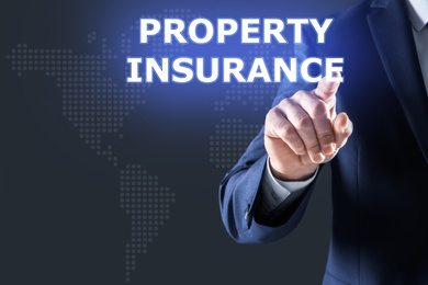 Image of Property insurance concept. Man using virtual screen, closeup