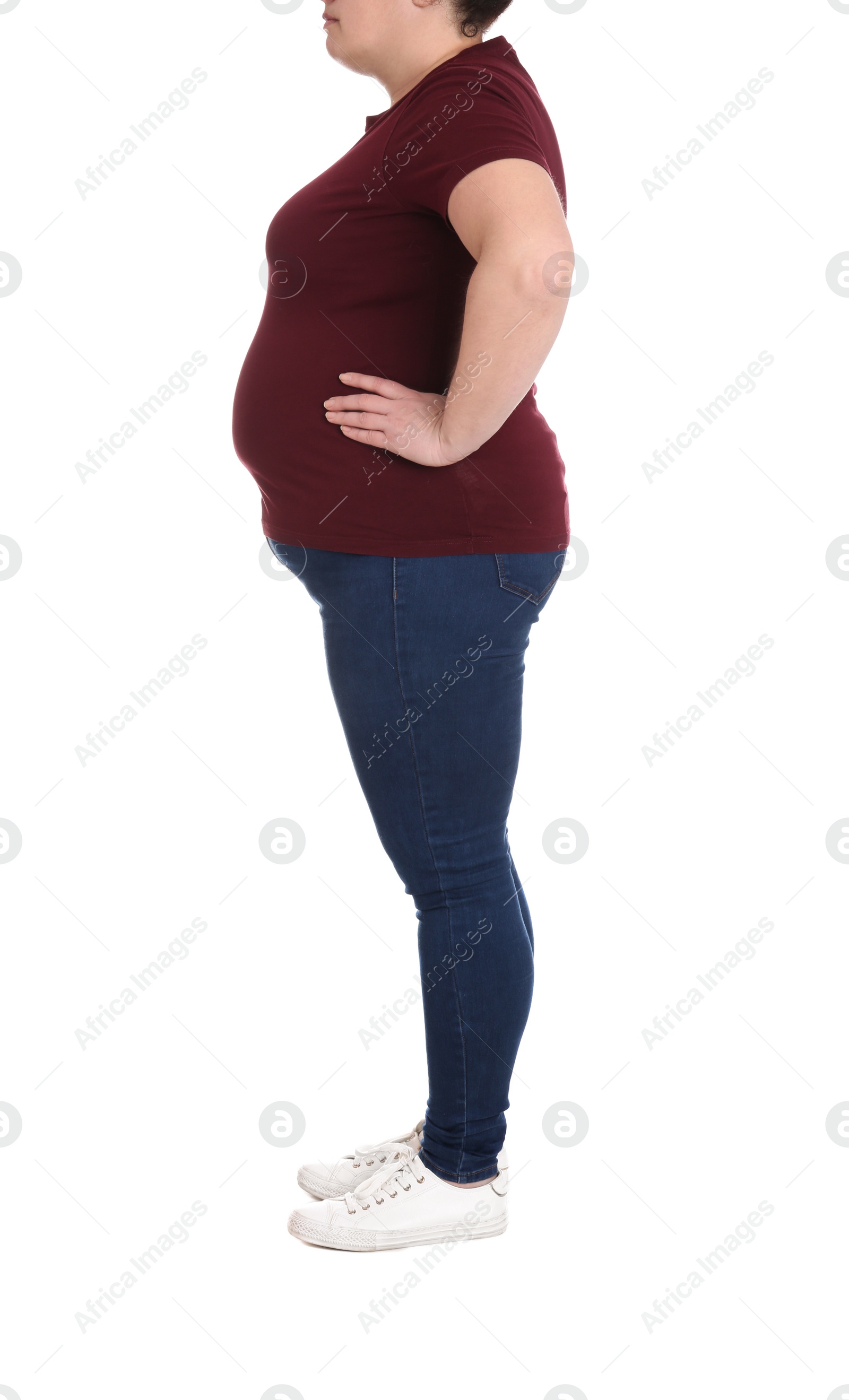 Photo of Overweight woman on white background, closeup. Weight loss