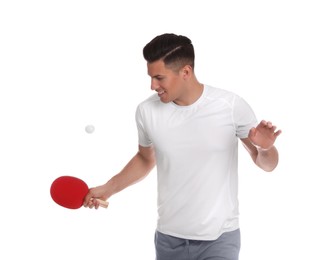 Photo of Handsome man with table tennis racket and ball on white background. Ping pong player