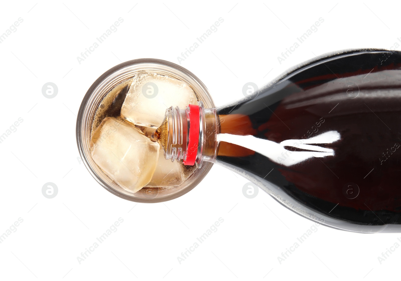 Photo of Pouring refreshing cola into glass with ice cubes on white background, top view