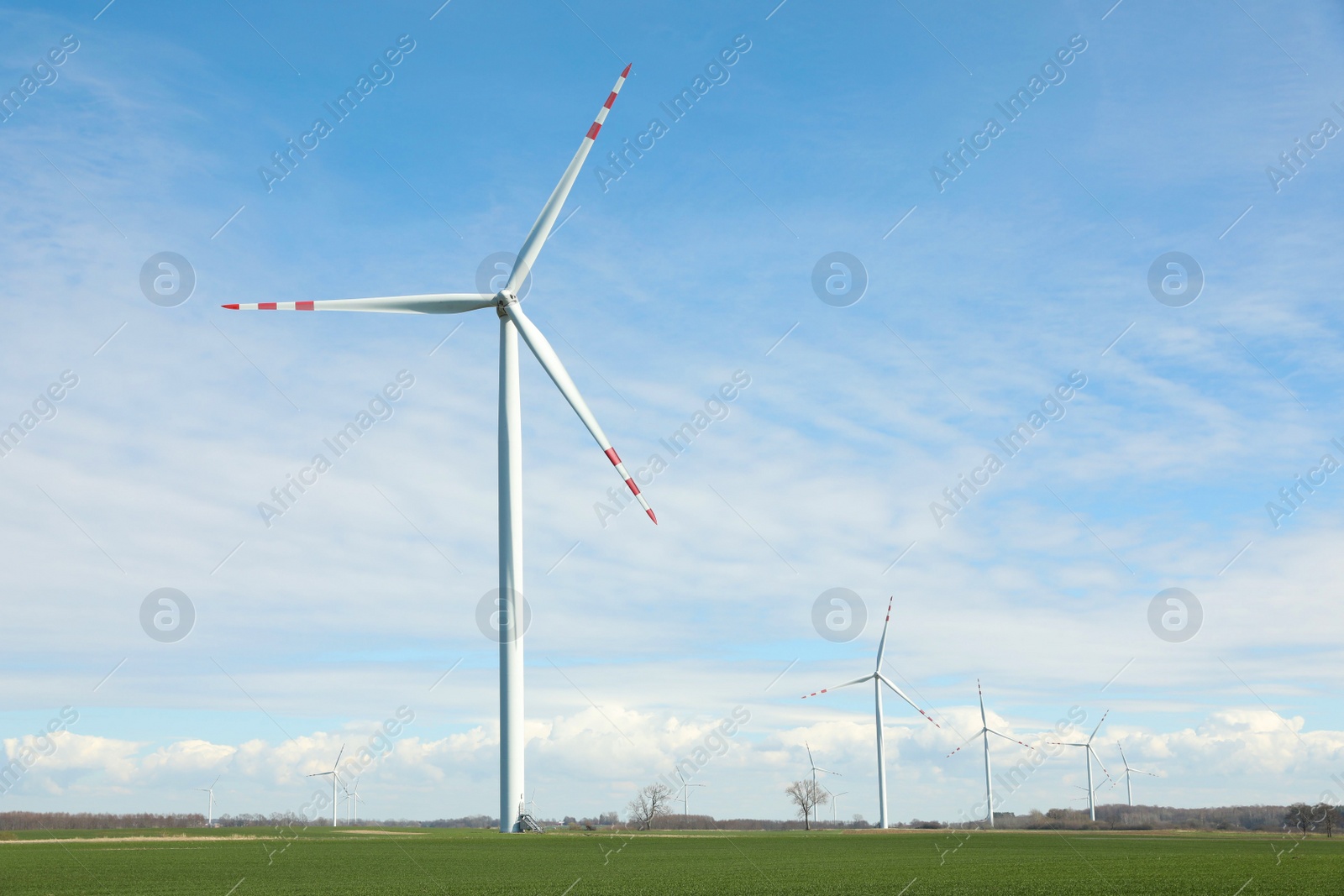 Photo of Modern wind turbines in field on sunny day. Alternative energy source