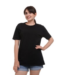 Smiling woman in stylish black t-shirt on white background