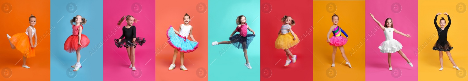 Image of Cute little girls dancing on different colors backgrounds, collection of photos