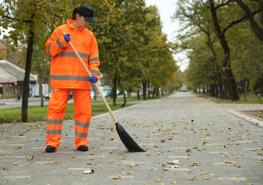 Street cleaner sweeping fallen leaves outdoors on autumn day