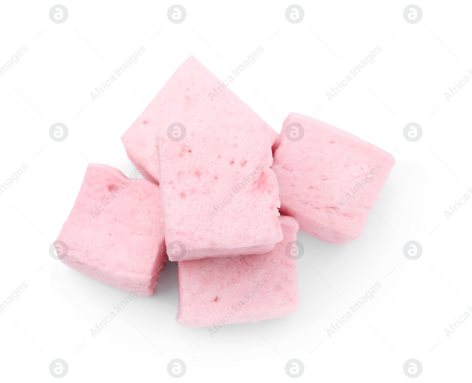 Photo of Pile of delicious sweet marshmallows on white background, top view