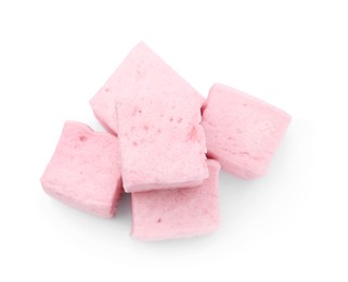 Photo of Pile of delicious sweet marshmallows on white background, top view