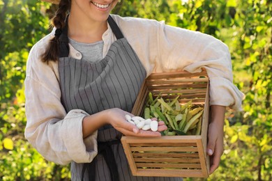 Photo of Woman holding white beans and wooden crate in garden, closeup