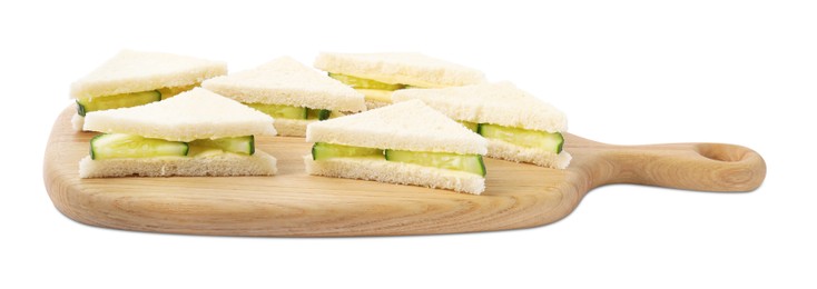 Photo of Tasty sandwiches with cucumber and butter isolated on white