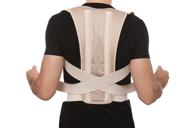 Closeup of man with orthopedic corset on white background, back view