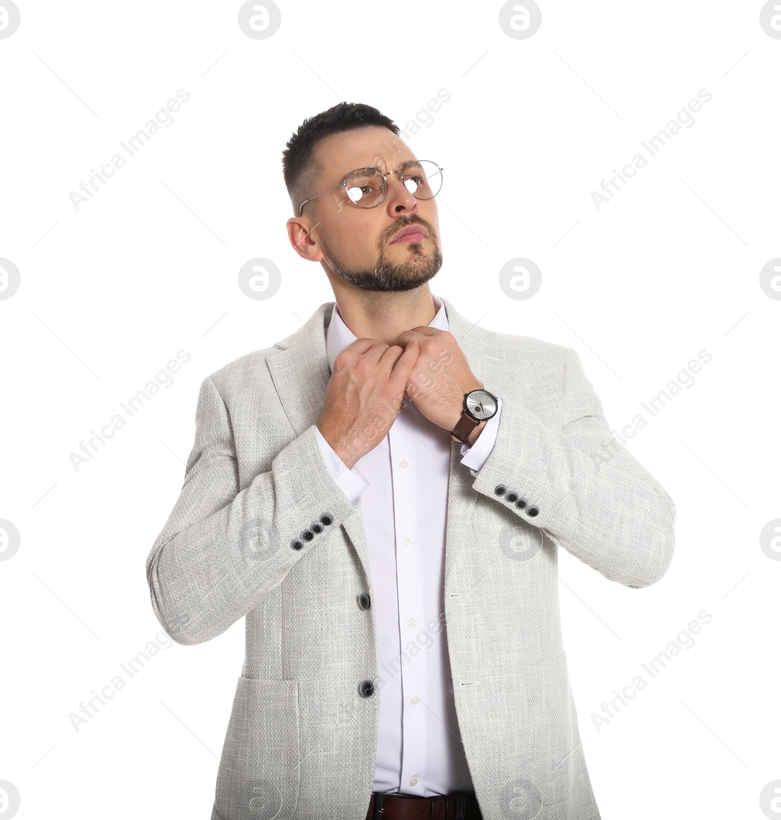 Photo of Confident businessman in glasses on white background