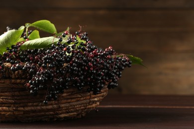 Photo of Ripe elderberries with green leaves in wicker basket on wooden table, closeup. Space for text