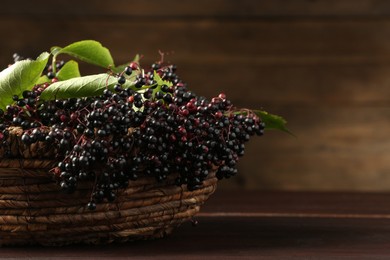 Ripe elderberries with green leaves in wicker basket on wooden table, closeup. Space for text