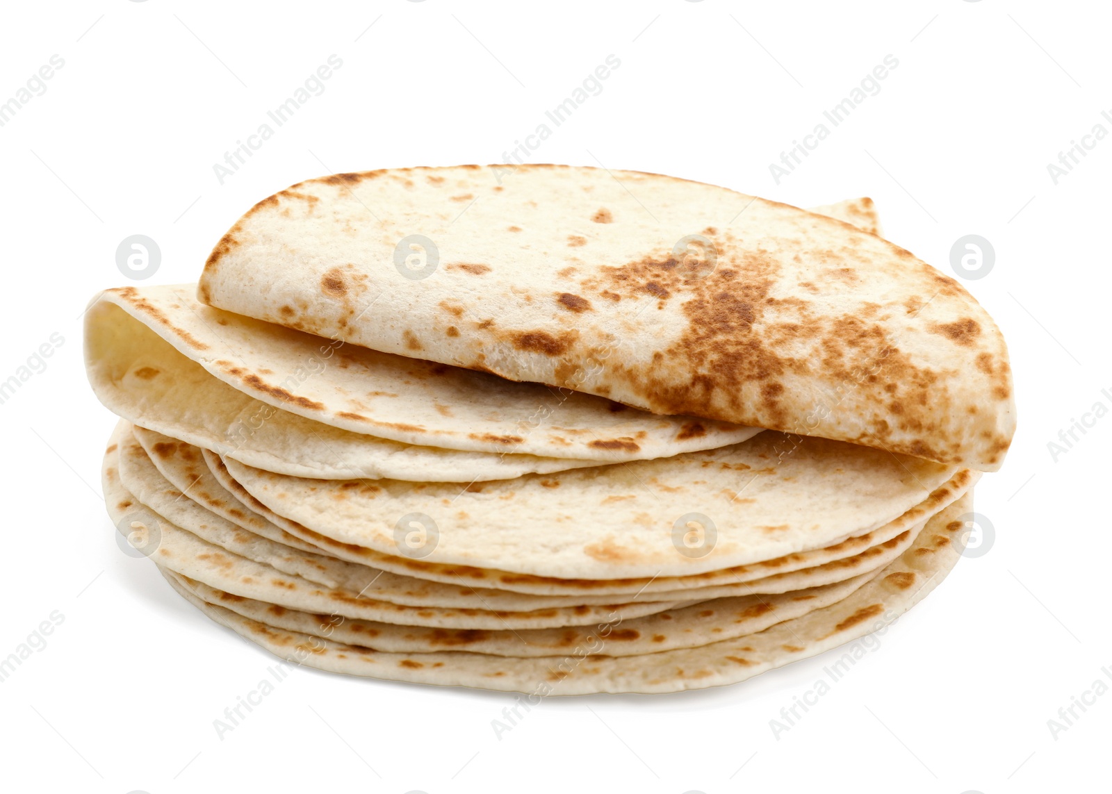 Photo of Many tasty homemade tortillas isolated on white