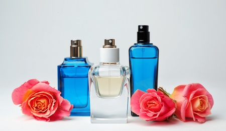 Composition with transparent bottles of perfume and beautiful flowers on white background