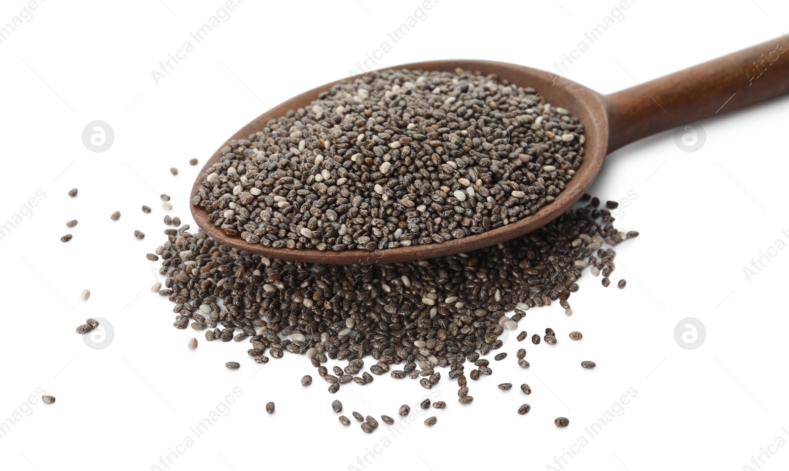 Photo of Wooden spoon with chia seeds on white background
