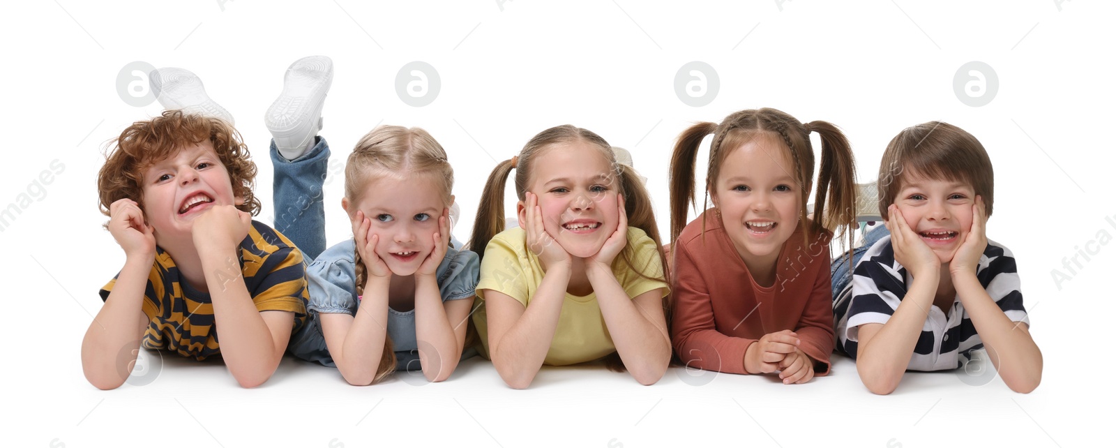 Photo of Group of children posing on white background