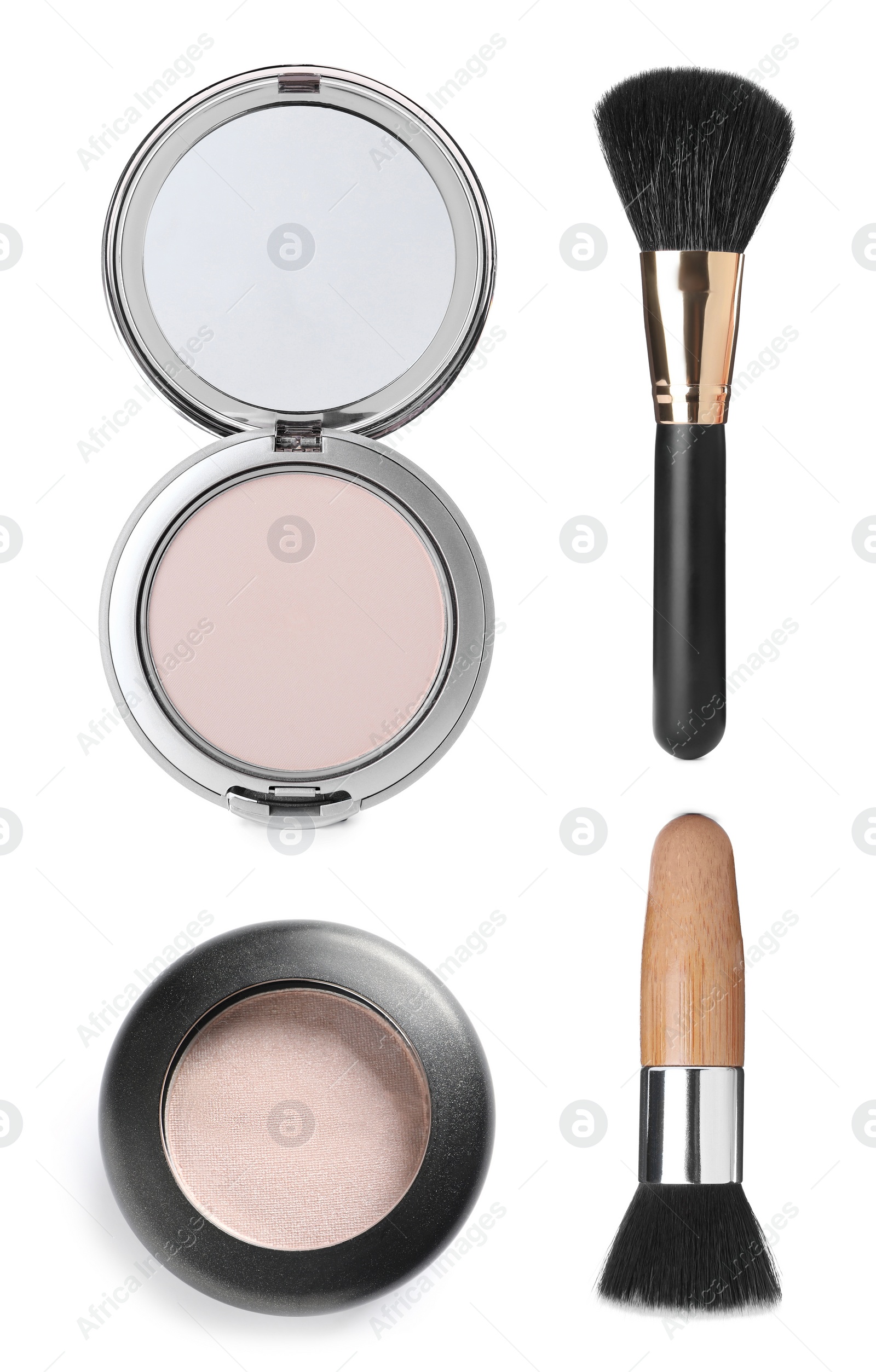 Image of Containers with face powder and makeup brushes on white background, vertical banner design. Cosmetic product