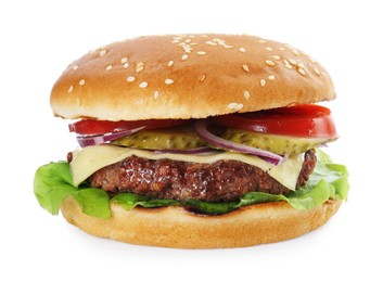 Photo of Burger with delicious patty isolated on white