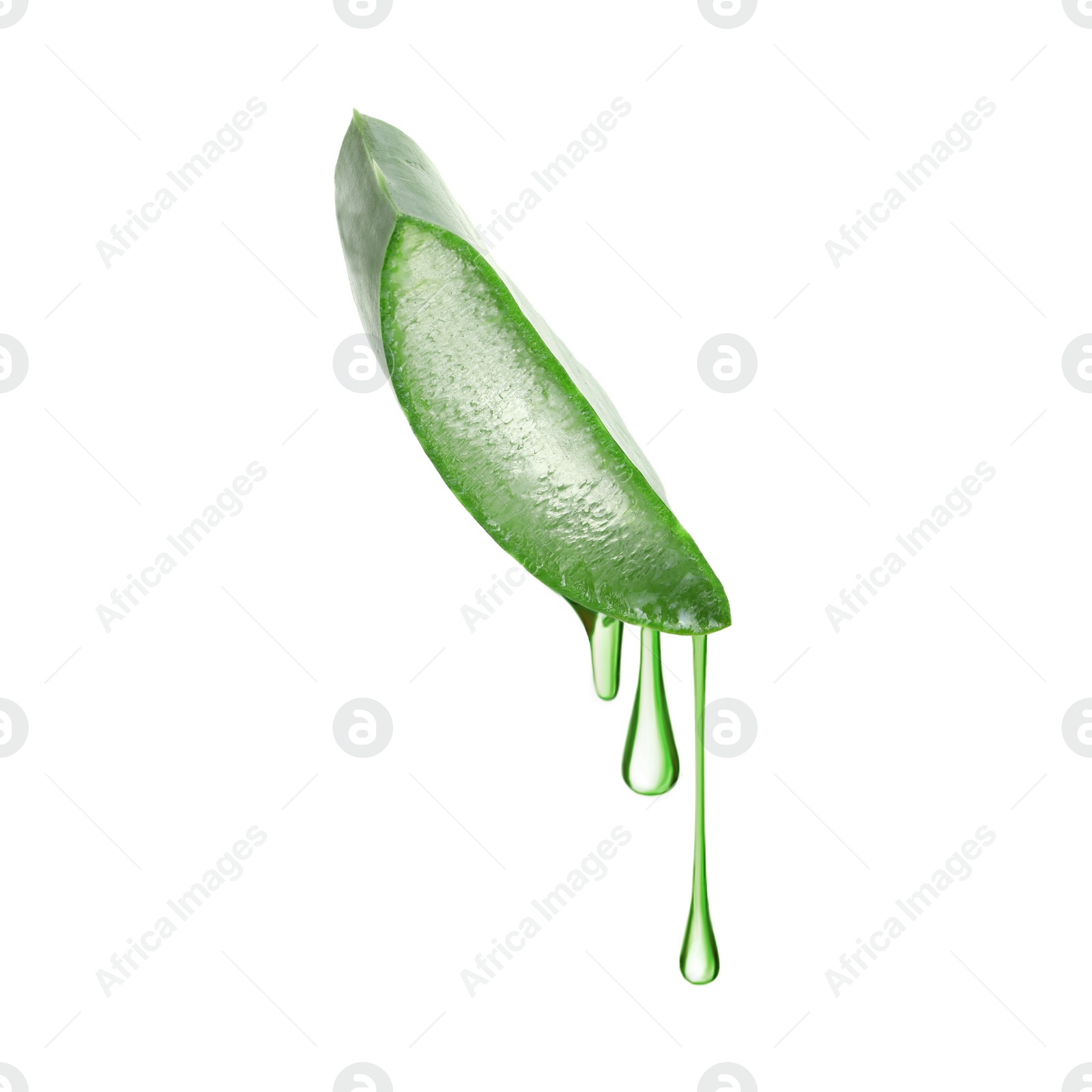 Image of Aloe vera leaf cross section with juice in air on white background