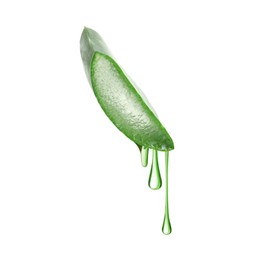 Image of Aloe vera leaf cross section with juice in air on white background