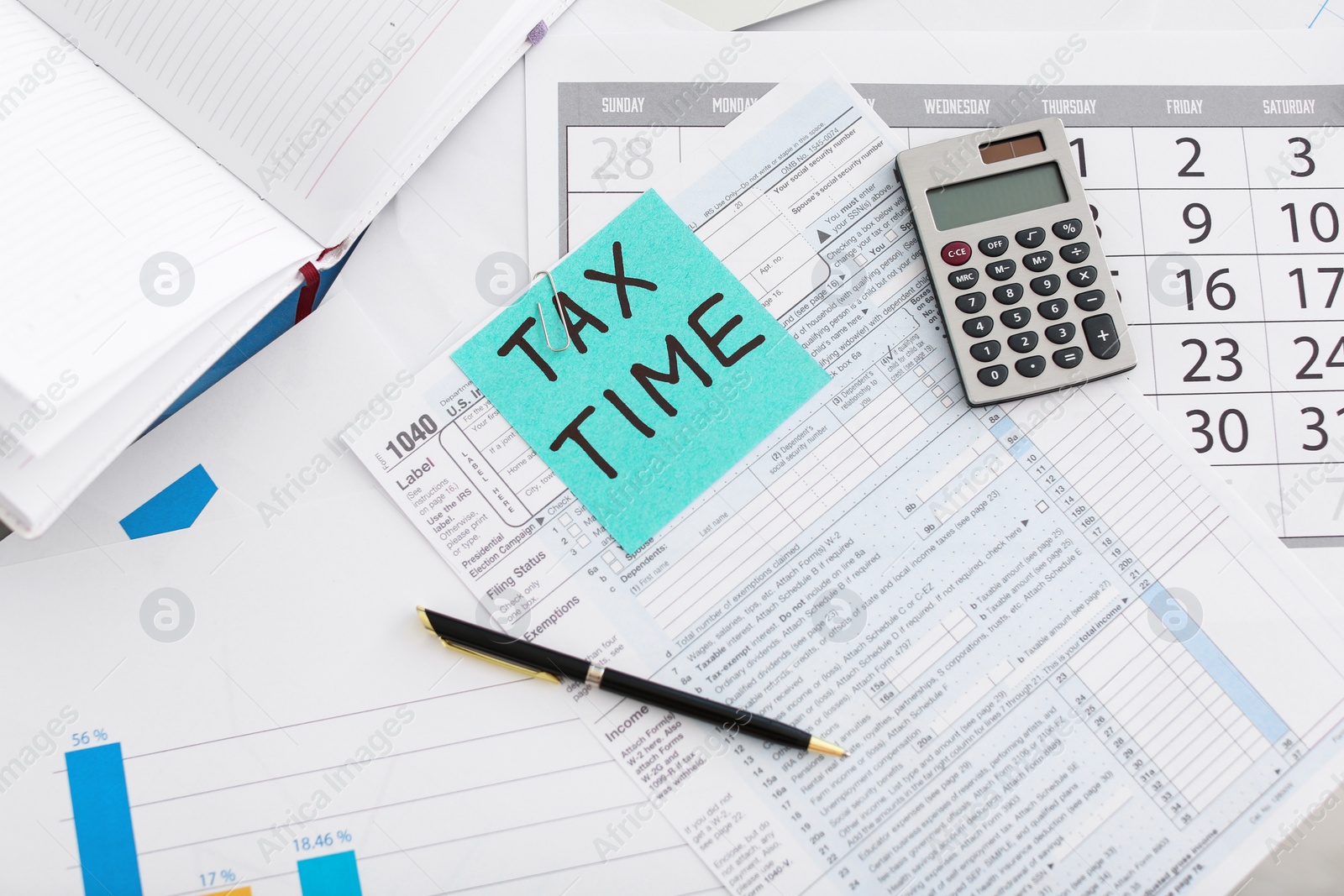 Photo of Flat lay composition with documents and calculator on table. Tax time