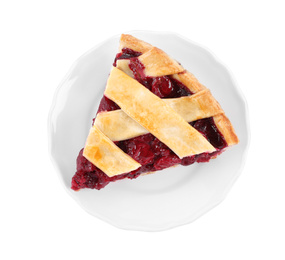 Photo of Slice of delicious fresh cherry pie isolated on white, top view