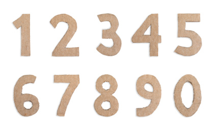 Collage with numbers made of cardboard on white background