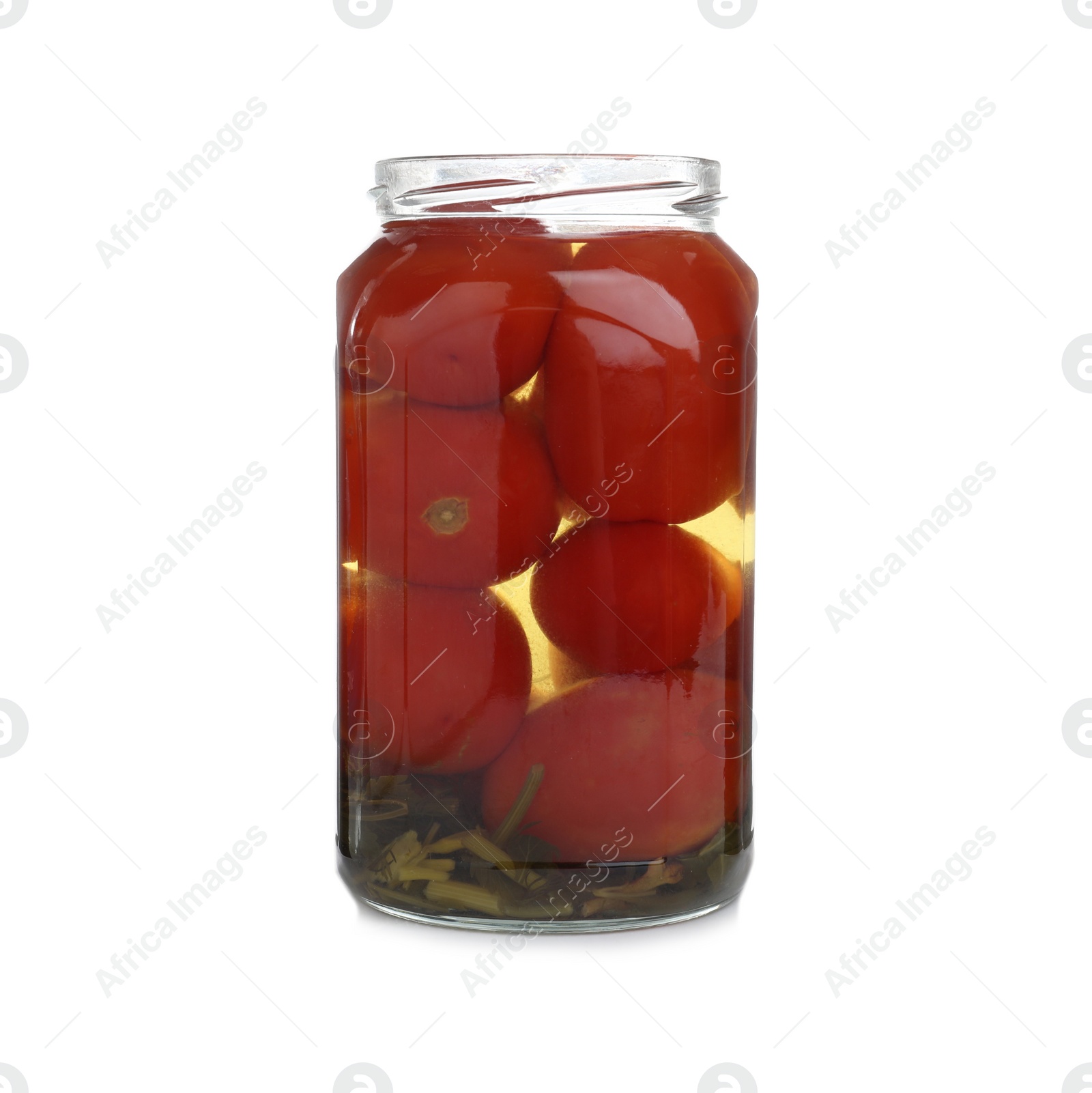 Photo of Glass jar with pickled tomatoes isolated on white