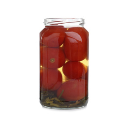 Glass jar with pickled tomatoes isolated on white